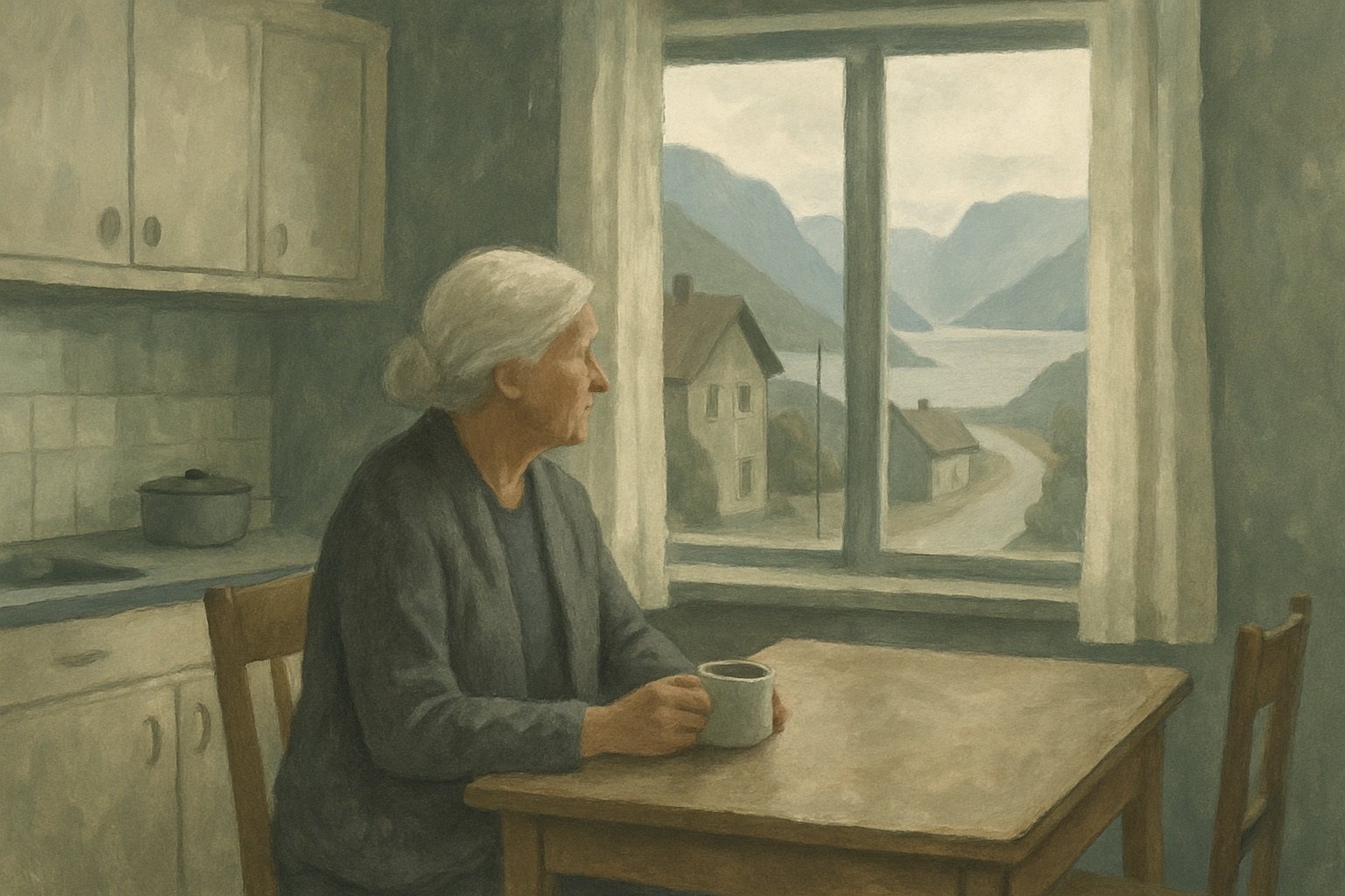Eldre kvinne ved kjøkkenbordet ser ut over en stille bygdevei