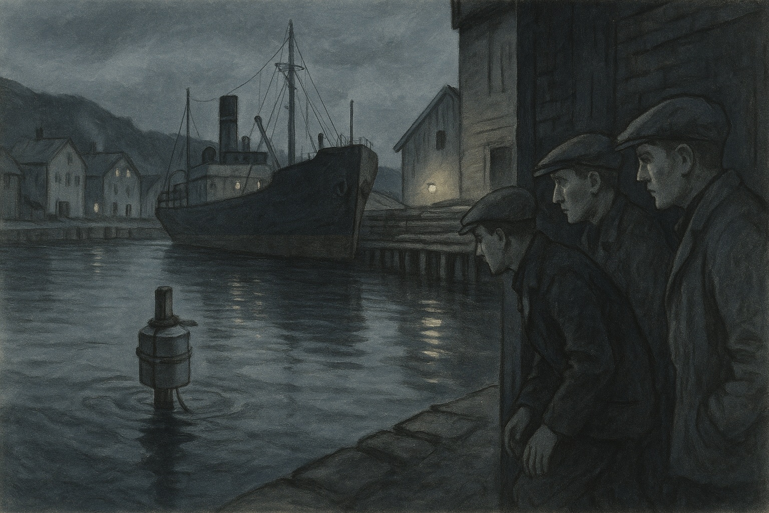 Nattlig havn med en hjemmelaget drivmine på en stokk på vei mot et tysk skip ved kaia.