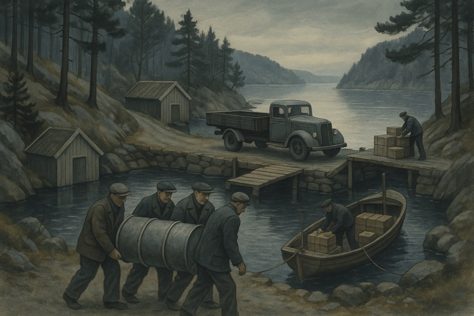 Menn bærer en fat-mine fra en lastebil ned på en liten motorbåt ved en brygge i skumringen.